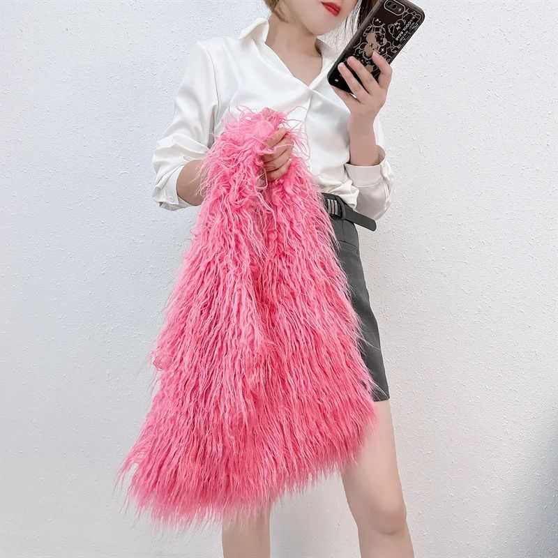2025 NOVAS Bolsas de Ombro Pelúcia Lã Femininas Y2k Hot Girls Bolsa Saco com Cordão de Pele Sintética Moda Feminina Bolsas de Mão Peludas Tote