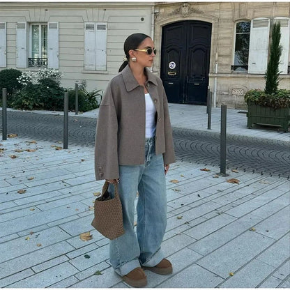 Casual Solid Single Breasted Wool Jacket Women Chic Lapel Long Sleeve Pleated Pocket Loose Coats Autumn High Street Overcoat New