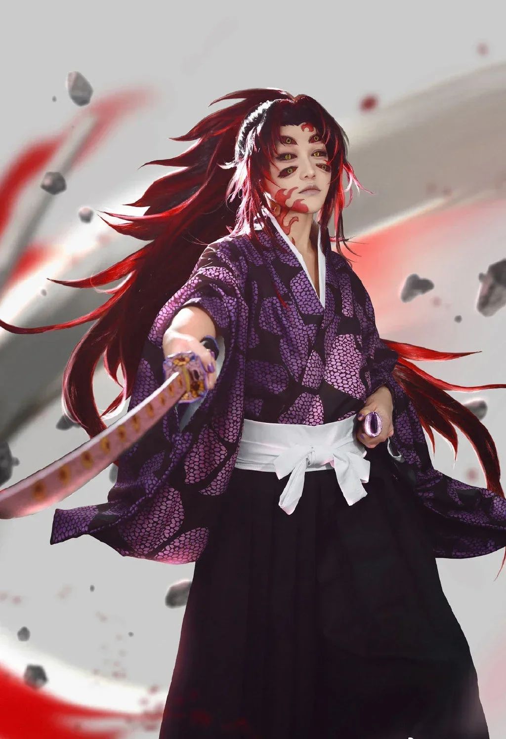 2026 New Edition Kokushibo Role-Play Wig, Temporary Tattoos, Anime-Print Kimono Top, Halloween Party Costume