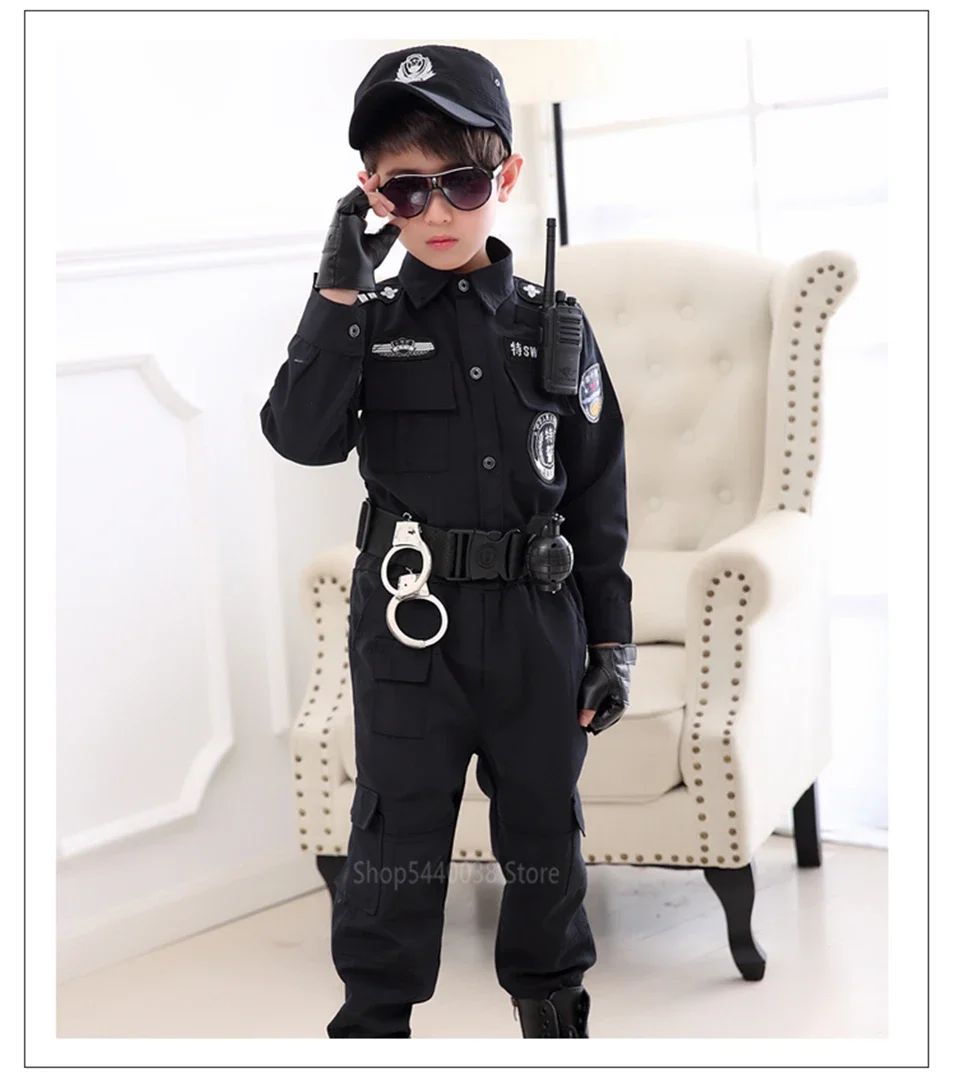 Swat Children Halloween Police Officer Cosplay Costumes Kids Carnival Police Uniform 110-160Cm Boys Army Police Officers Soldier