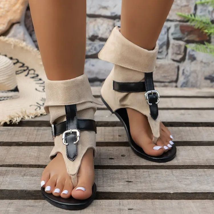 New  Summer Clip Toe Roman Sandals Denim Belt Buckle Large Size High Top Herringbone Flat Boots Women Dressy Casual Sandals