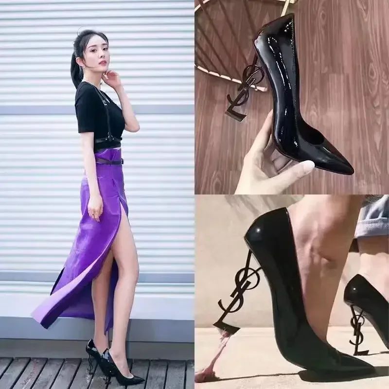 Maillard Sandals for Women  Fashion High Heels for Women One-piece Patent Leather Square Head Letter Heel Open Toe Sexy Shoes