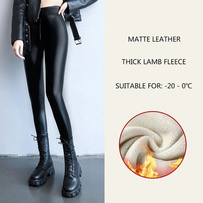 2024 Autumn Winter Velvet Thick Warm Leather Pants Women Elastic PU High Waist Leggings Black Casual Slimming Fleece Trousers
