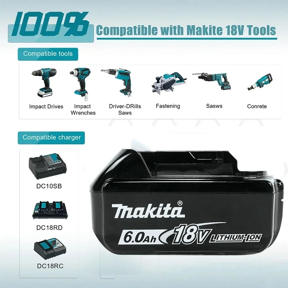 Bateria recarregável Makita 18V 6.0Ah 100% original, para baterias de ferramentas elétricas Makita BL1830 BL1830B BL1840 BL1840B BL1850 BL1850B