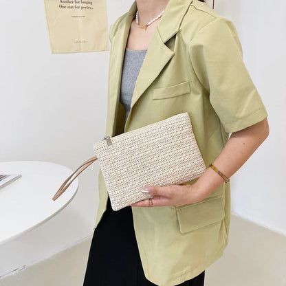 Weaving Bag Fashion Ladies Wristlet Clutch Women Daily Money Phone Clutch Straw Woven Coin Purse Beach Wallet Card Business Bag