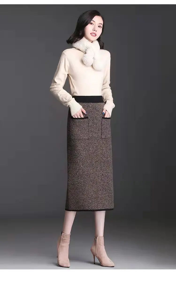 New Style Gold Mink Cashmere Elastic High Waist Office Lady Knee-length Skirts Solid Split Fork Hip Wrap Skirt High Elasticity