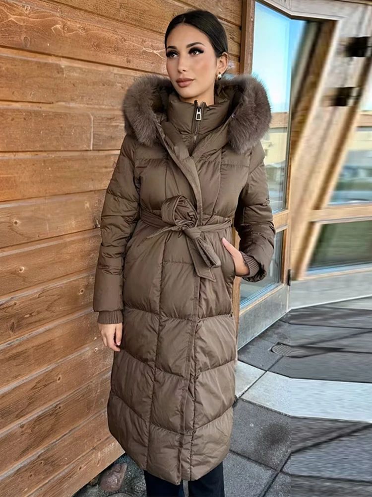 Casual Lace Up Women's Thicken Cotton Jacket Hooded Faux Fur Collar Zipper Long Coats Lady 2025 Winter Chic Female Street Coat