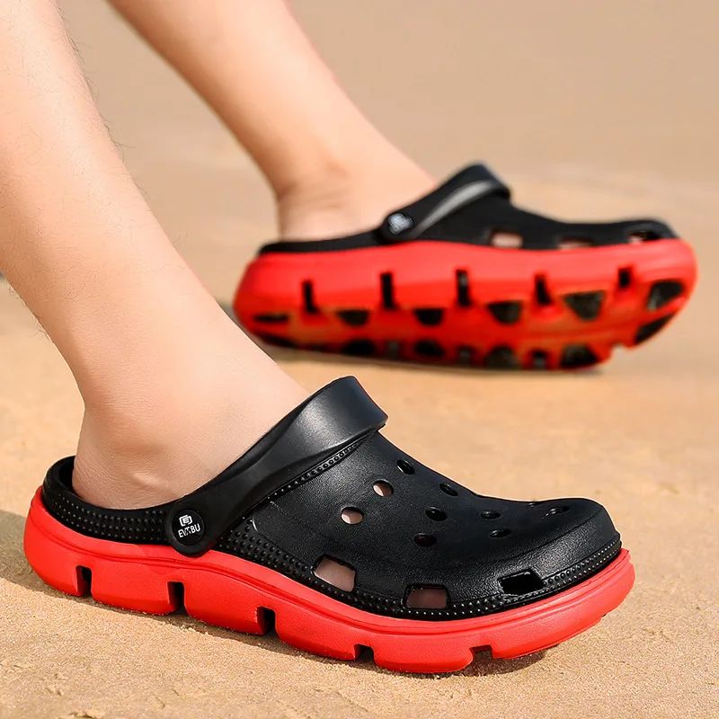 2024 Summer Plus Size Hollow Out Sandals Men's Breathable Slippers Trendy Thick Base Slip-On Beach Shoes Men's Footwear