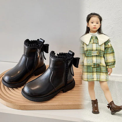 Girls Ankle Boots with Back Bow-knot Kids Short Boots Soft Sole 2025 New Girls' Princess Leather Boots with Warm Cotton Side Zip