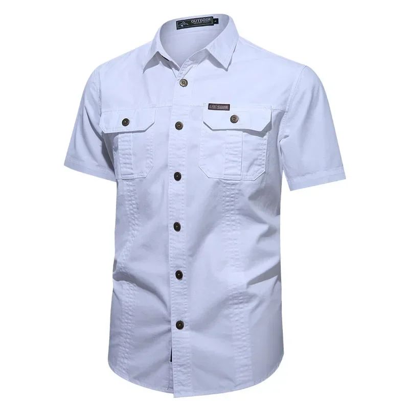 Men's Streetwear Casual Button Down Military Cargo Shirt Short Sleeve Cotton Dress Shirts For Hiking Fishing Golf Polos Shirts
