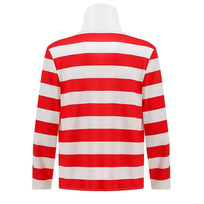 Wheres Waldo Striped Shirt Youth Boys Wally Costume Shirt Glasses and Hat Socks Unisex Adults Gift Carnival Cosplay Costume