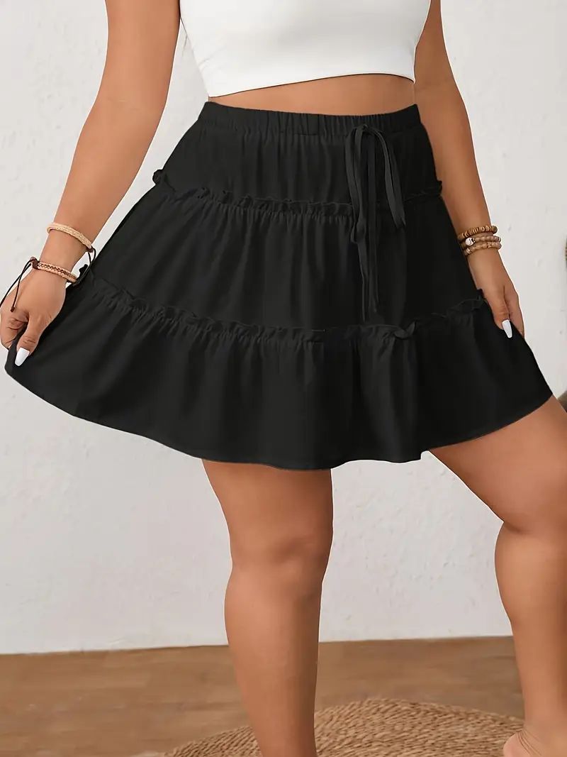 Plus Size Spring/Summer Women's Casual Elegant Solid Color A-Line Skirt  Ruffled Hem Elastic Waistband A-Line Skirt