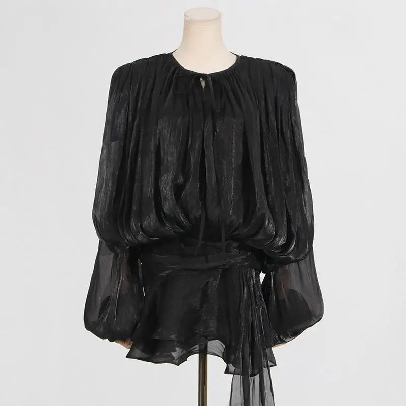 Elegant Ruffles Shiny Mini Dresses Fashion Solid Long Sleeve Lace Up V Neck Plea