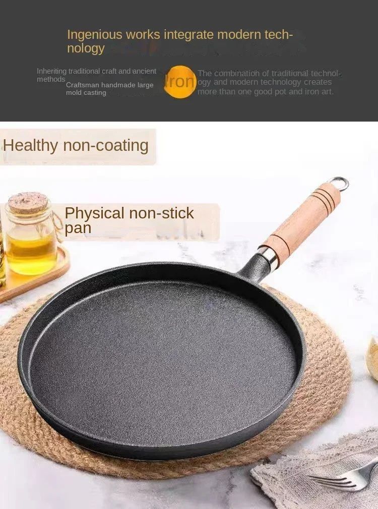 Frigideira de Ferro Fundido 26cm, Antiaderente sem Revestimento, para Ovos, Panquecas, Crepes, Bife, Fogão a Gás e Indução, Utensílio de Cozinha