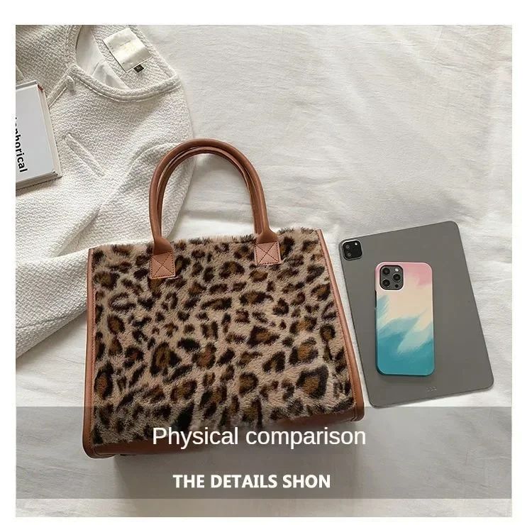 New Women Soft Plush Hand Bag New Winter Leopard Cow Print Tote Bags Female Pu Leather Underarm Bags Furry Fluffy Shoulder Bag