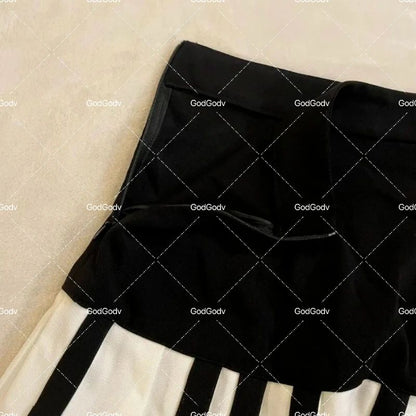 2000s Aesthetic Elegant Women Piano Skirt Stripe Design Y2k Slim Mini Skirt Female Black White Spliced Korea Style Chic Outfits