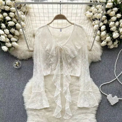 Women's Lace Cover UP Cardigan Cropped Tie Front Bell Sleeves Blouse Lightweight Shawl Jacket outwear blouse for covers clothing