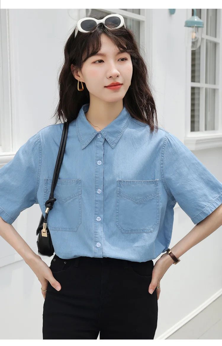 Vintageblueshort Sleeves Thin Denim Shirt 2024 Summer New Casual Loose-Fit Hong Kong Style Petite Top For Women
