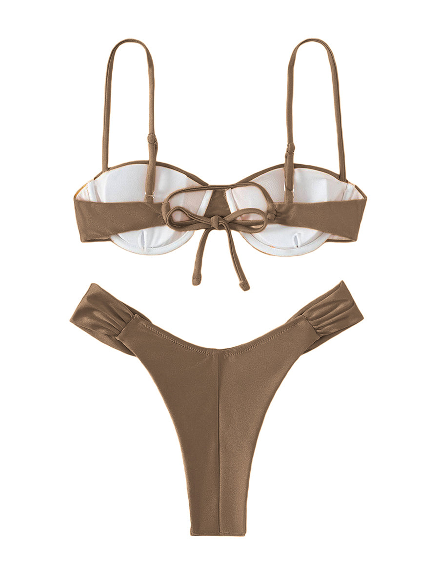 Women Padded Bikini Set Solid Color Pleated Sleeveless Bra+ Shorts Briefs Bikini For Women