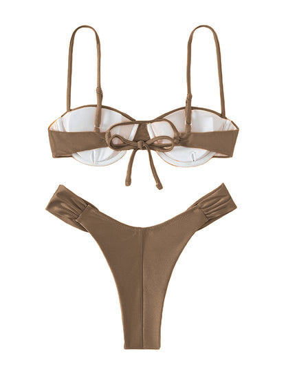 Women Padded Bikini Set Solid Color Pleated Sleeveless Bra+ Shorts Briefs Bikini For Women