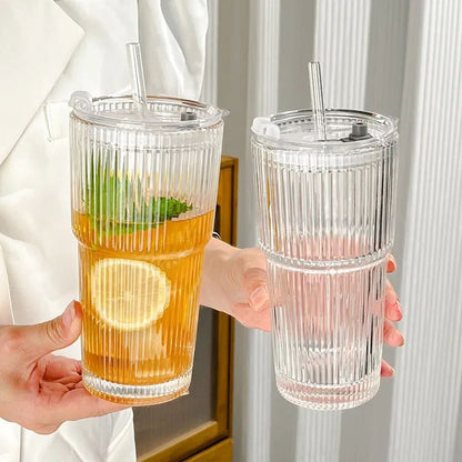 Copo de Café de Vidro Listrado 600ML com Tampa e Canudo Copos Transparentes para Suco Leite Chá Canecas de Café Gelado Utensílios para Beber
