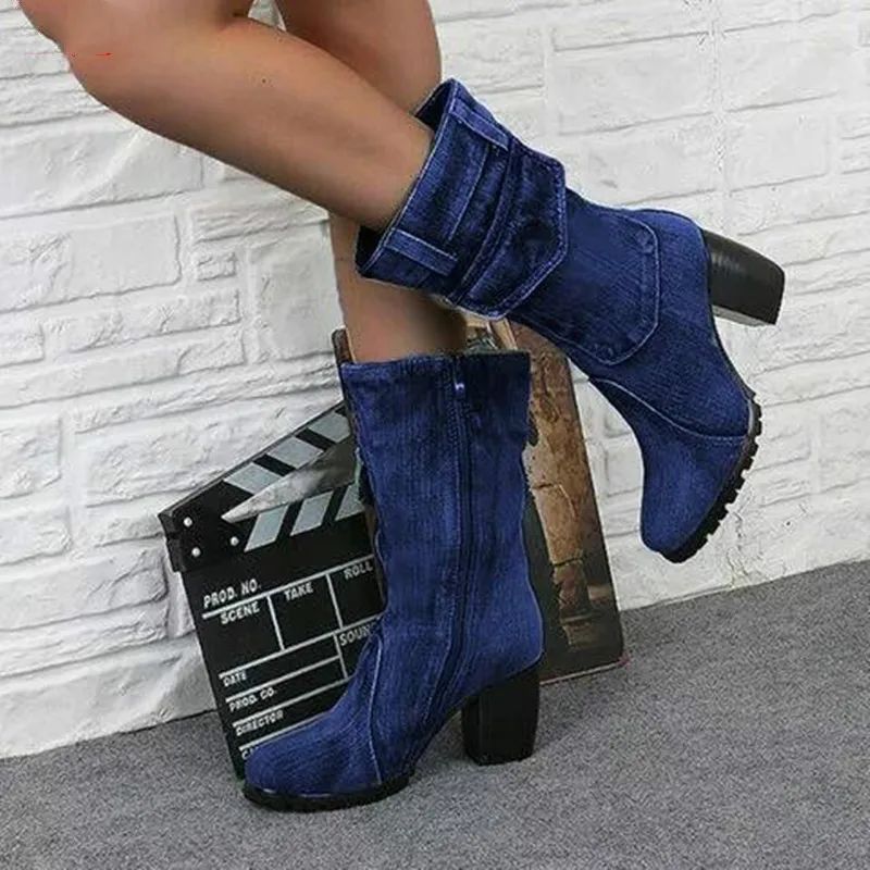 Cowboy Women's Boots 2024 Autumn and Winter New Pointed Denim Style Casual Temperament High Heels Single Shoes Zapatos De Mujer