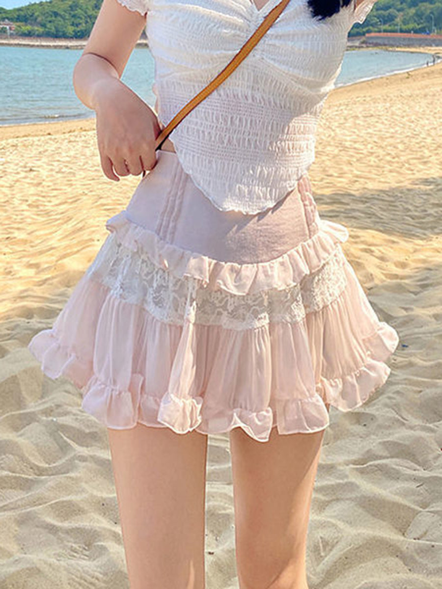 Women Ruffle Hem Skirts Summer Mini A-Line Skirts Fashion High Waist Lace Y2K Students Casual Summer Pink Skirts Outfits
