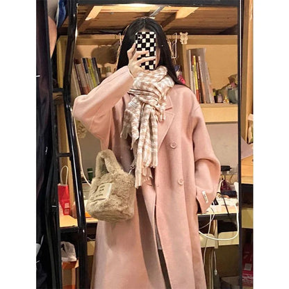 Winter Long Pink Woolen Coat French Hepburn Style Loose Casual Slimming Knee-Length Tweed Outerwear Women's Fashion