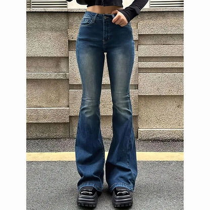 2025 Girls Concise Ins High Waist Flared Jeans Female Stretchy Bootcut Denim Pants Women Solid Color Thin Bell Bottoms Trousers