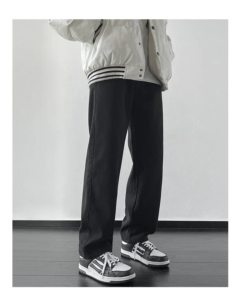 4 Colors Winter Fleece Men's Jeans Baggy Straight Elastic Waist Denim Pants Fashion Korean Thickened Warm Male Thermal Trousers