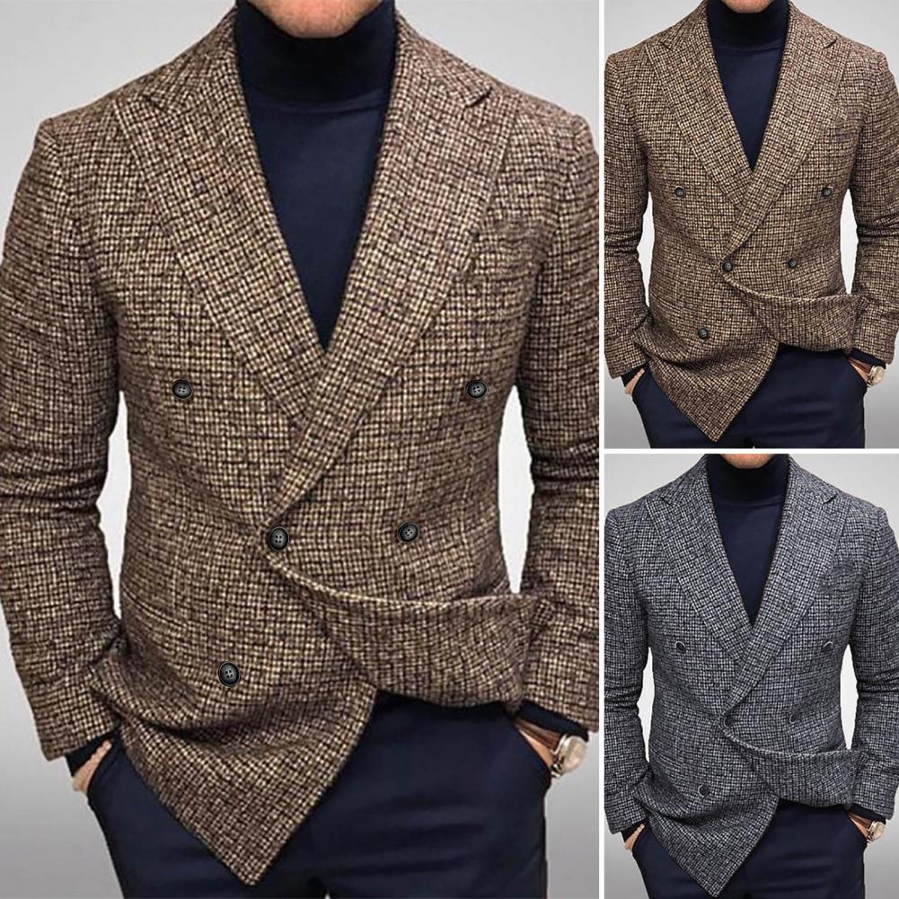 Men Slim Fit Turndown Collar Solid Color Streetwear Autumn Winter British Style Buttons Suit Jacket Coat British Blazer