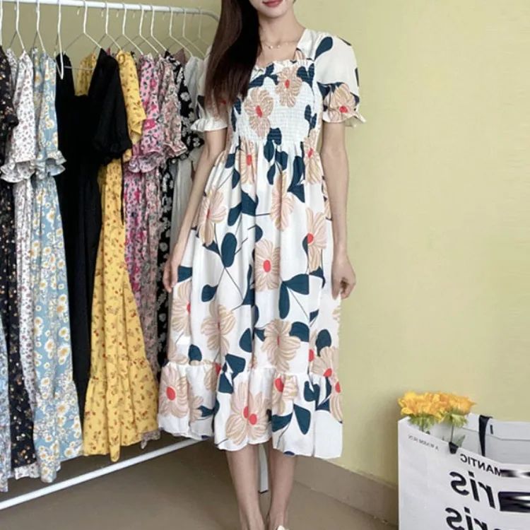 Spring Summer Elastic Waist Chiffon Dress Women Casual Dresses Fashion Female  Vestidos Short Sleeve Pleated A-line Dresses