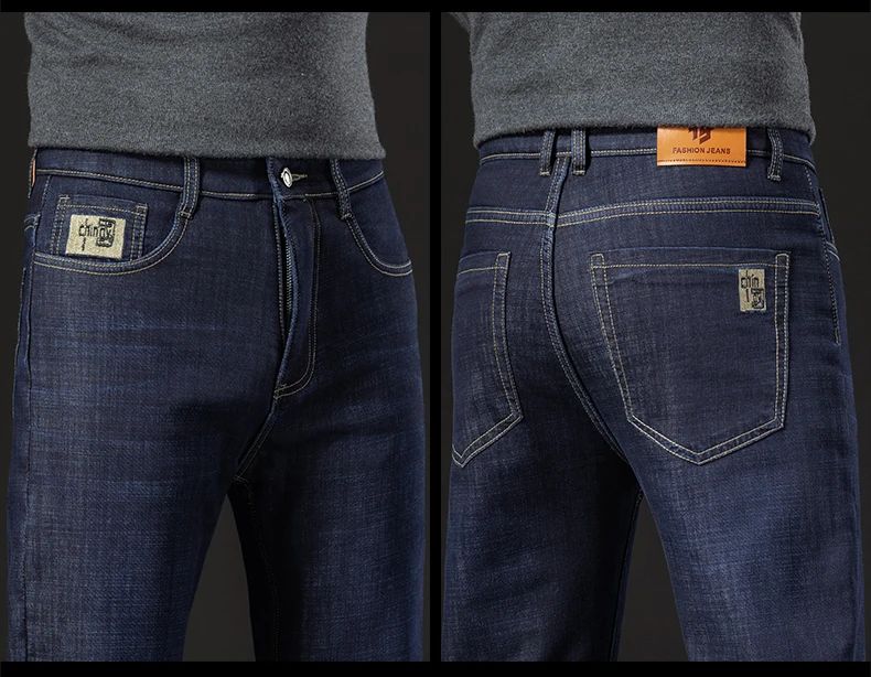 2025 New Classic  Men's Business Casual Velvet Jeans Winter Chinese Embroidery Straight Loose Warm Thick Pants