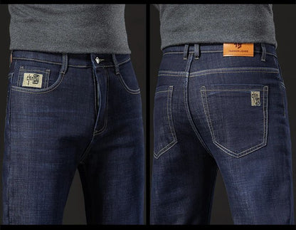 2025 New Classic  Men's Business Casual Velvet Jeans Winter Chinese Embroidery Straight Loose Warm Thick Pants