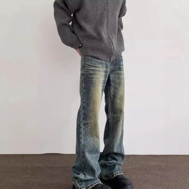 Vintage American Style Men's Straight-Leg Slimming Long Jeans Distressed Washing Denim Pants Trendy Brand Bootcut Pants