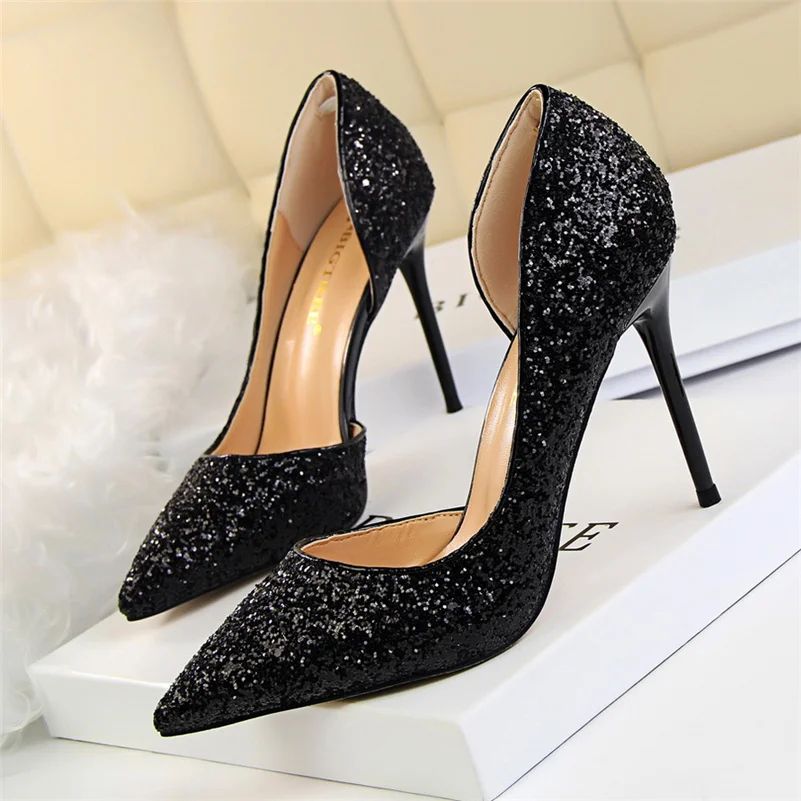 Plus Size 34-43 Women 9.5cm High Heels Stripper  Bling Glod Red Silver Scarpins Pumps Lady Stiletto Wedding Bridal Fetish Shoes