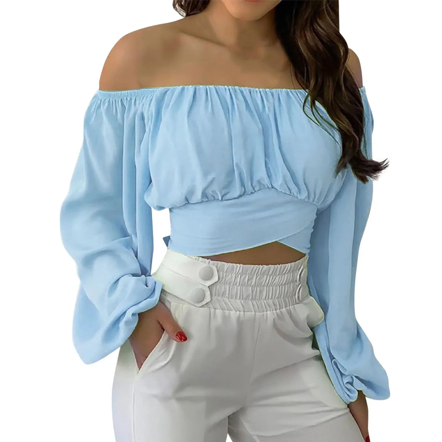 Women Sexy Off Shoulder Long Sleeve Top Self Tie Knot Crop Top Blouse Solid Color WoMen's Blouses Y2k Female Summer Shirts ????