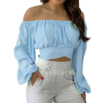 Women Sexy Off Shoulder Long Sleeve Top Self Tie Knot Crop Top Blouse Solid Color WoMen's Blouses Y2k Female Summer Shirts ????