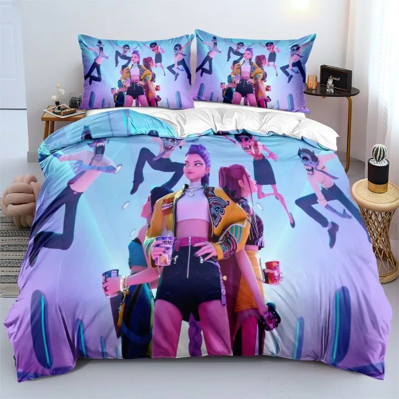 Conjunto de Cama Rumi K-Pop Caçadores de Demônios Temático 2 Lados Estampa Colorida Poliéster Lençol de Dormitório Estudantil Capa de Edredom Presente Infantil