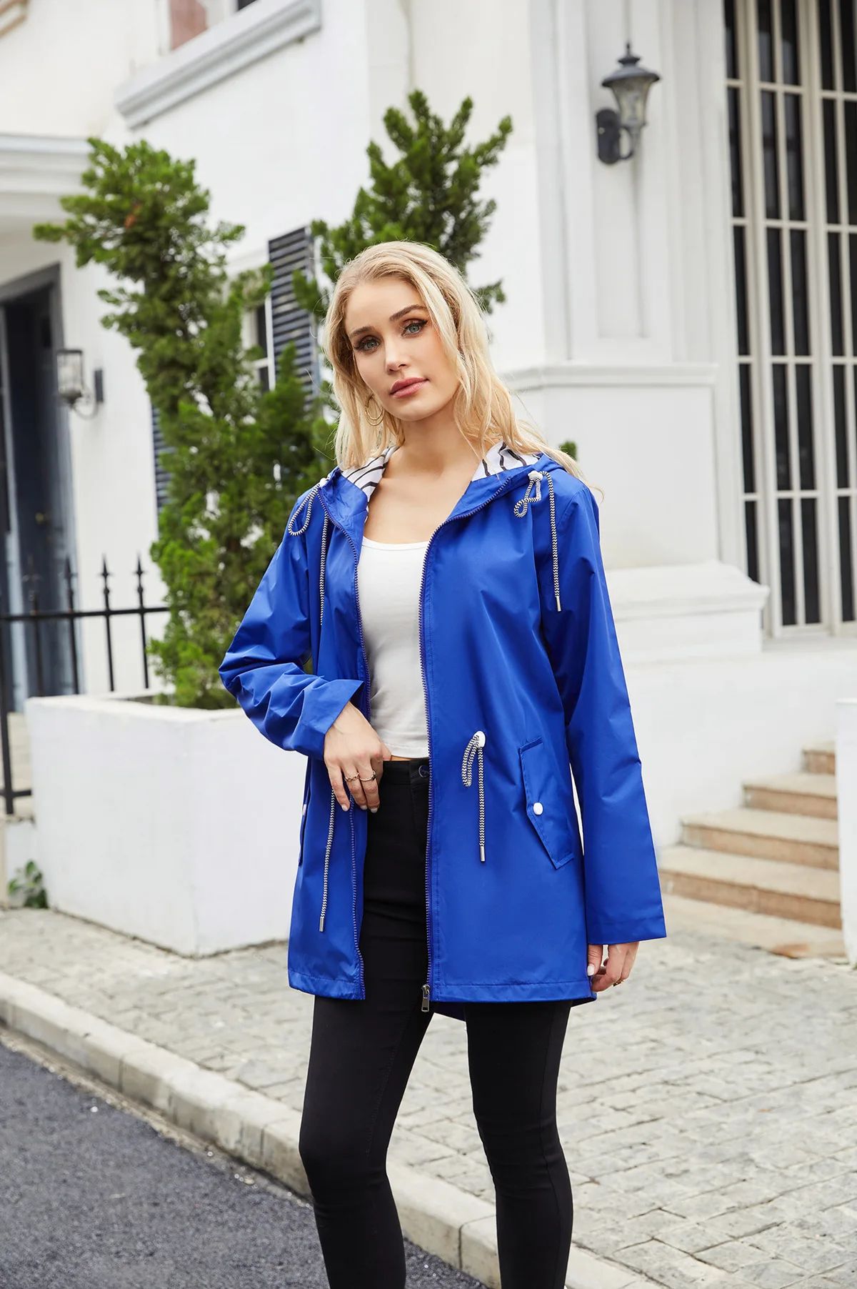 Blue Waterproof Hooded Jacket Women Fashion Casual Coat Waist Drawstring Tie Zipper Switch Red Green Yellow Black Windbreaker