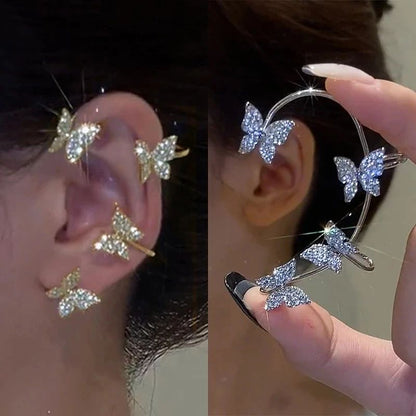 Brincos Borboleta de Metal Banhado a Prata Sem Furo para Mulheres Brilhantes Zircônia Fio de Orelha Clipe Brincos Joias de Casamento