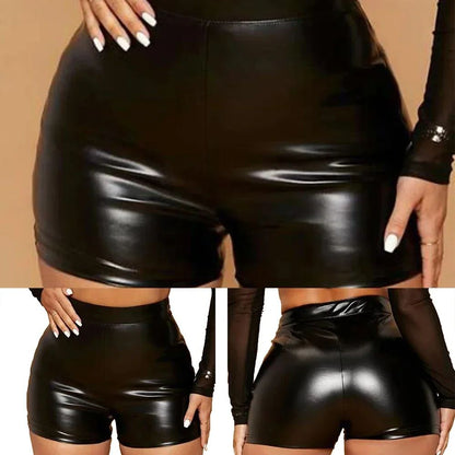 Sexy Women Oily Shiny Faux Leather Shorts Tight Black Pants Seductive Nightclub Party Wear High Waist Mini Shorts Costumes 2025
