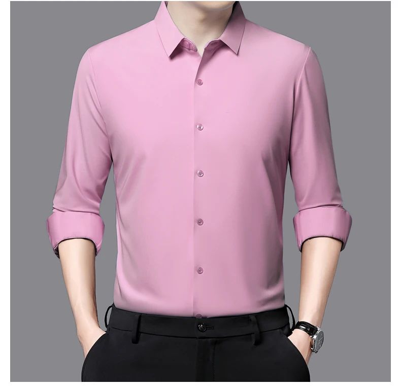 Seamless Anti-wrinkle Business Silky High Elastic Spandex Men's Long-sleeved Shirt Formal Social Non-iron Solid Color Casual