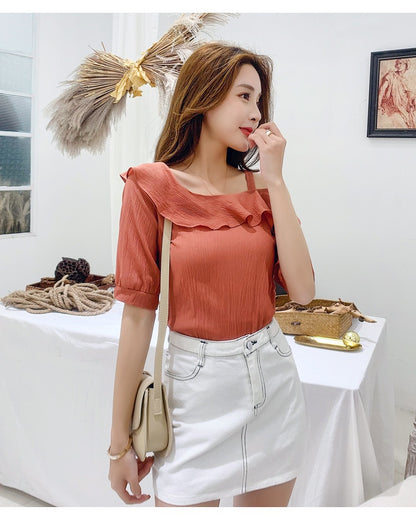 Women's Shirt Tops Fashion One-Shoulder Ruffles Short-sleeved Tops Chiffon Tops S-XXL