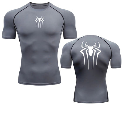 Summer Men's Fitness Quick Dry T Shirts Spider Print Athletic Compression Shirts Breathable Casual Short Sleeve Tight Tees Y2K