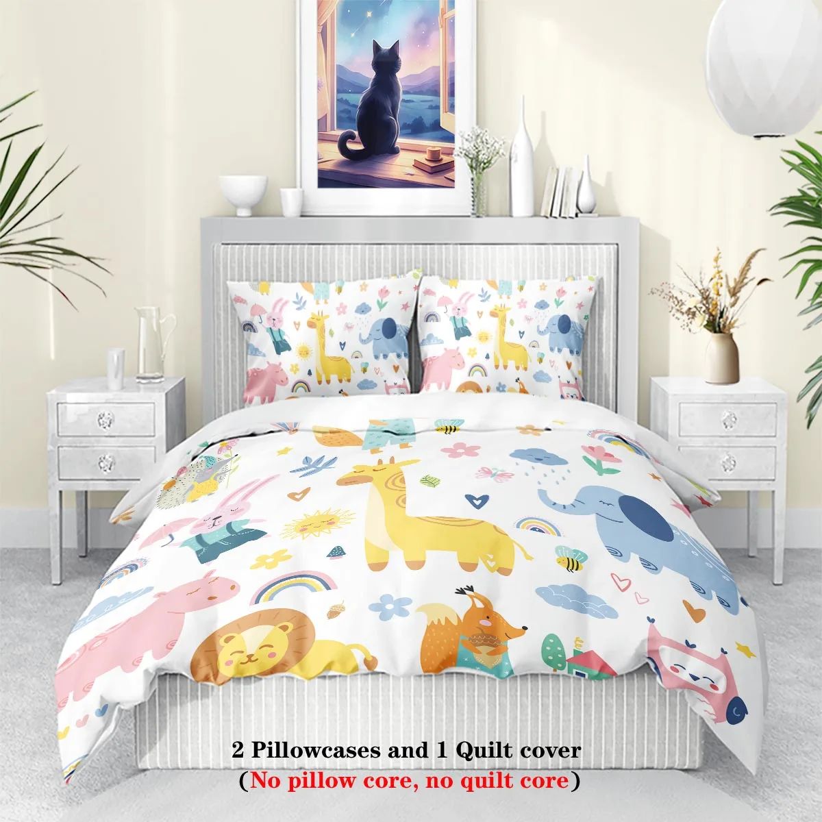 3pcs Cartoon Animal Park Theme Printed BeddingSet,For Bedroom, Guest Room (1*Duvet Cover + 2*Pillowcase, NO Core)