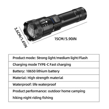 Super Bright P50 Flashlight USB Rechargeable LED Long Range Tactical Torch Outdoor Waterproof Emergency Camping Fishing Lantern