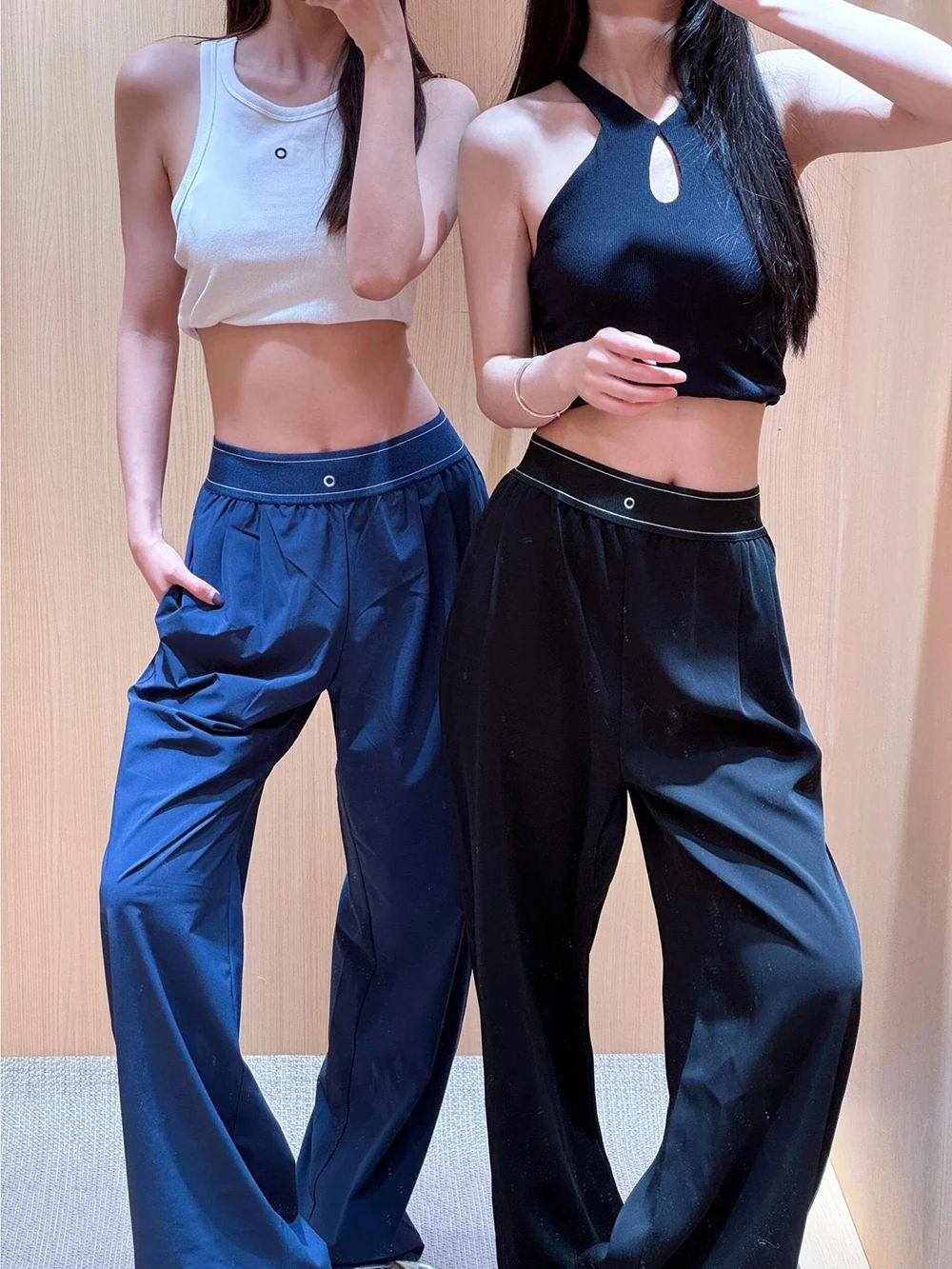 Calças retas femininas de secagem rápida calças de moletom de perna larga preto azul sólido fitness yoga esportes corredores