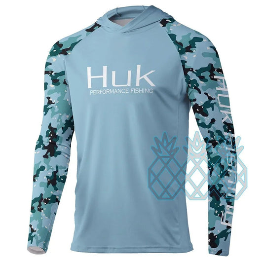 Camisas de Pesca HUK Masculina de Desempenho Manga Longa Moletom com Capuz UPF 50+ Blusas de Pesca Esportes ao Ar Livre Proteção UV Respirável Roupa de Pesca