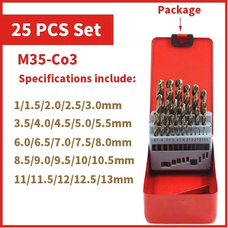 Broca Helicoidal de Cobalto HSS M35 Jogo de Ferramentas Acessórios para Perfuração de Metal Aço Inoxidável